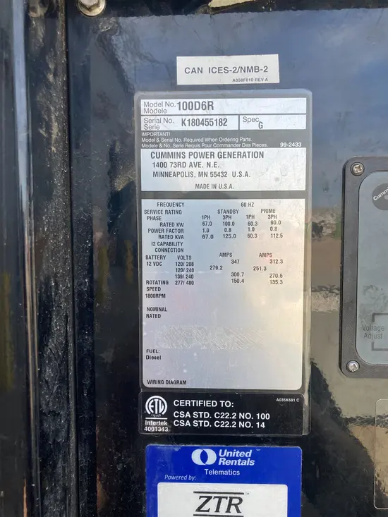 2019 Cummins C100D6R Diesel Generator