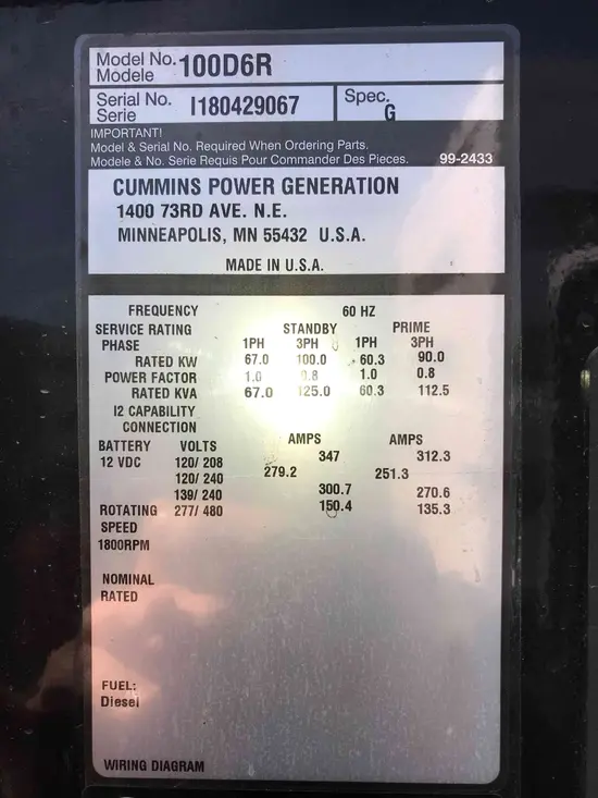 2018 Cummins C100D6R Diesel Generator