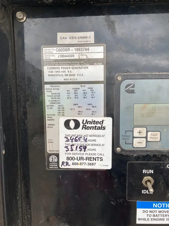 2019 Cummins C60D6R Diesel Generator