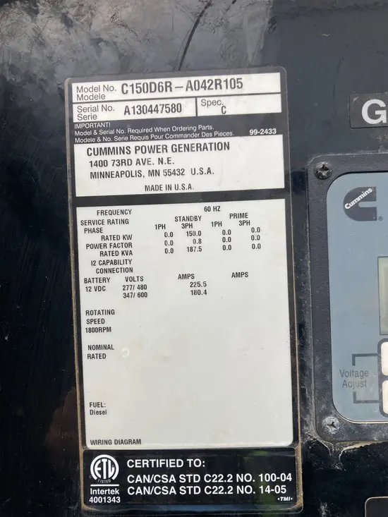 2013 Cummins C150D6R Diesel Generator