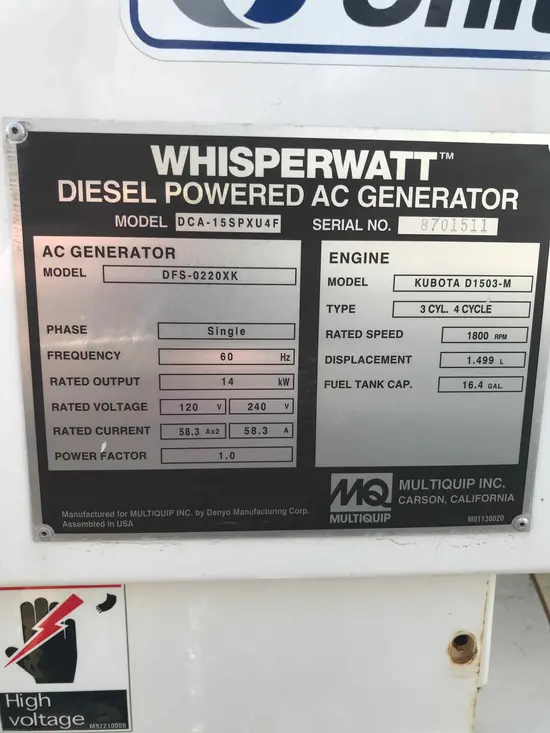 2017 Multiquip DCA15SPXU4F Diesel Generator