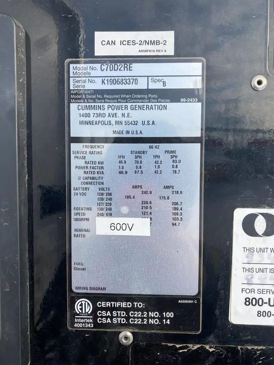 2020 Cummins C70D2RE Diesel Generator