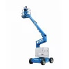 Front angled view of a blue and white one-person pusharound lift with extended arm and basket with worker inside.