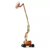 Side view of an extended orange and beige articulating boom lift.