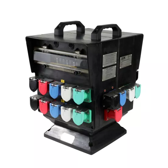 Black, red, blue, white and celadon LEX 400 Amp Cam Splitter Power Panel, 600 VAC
